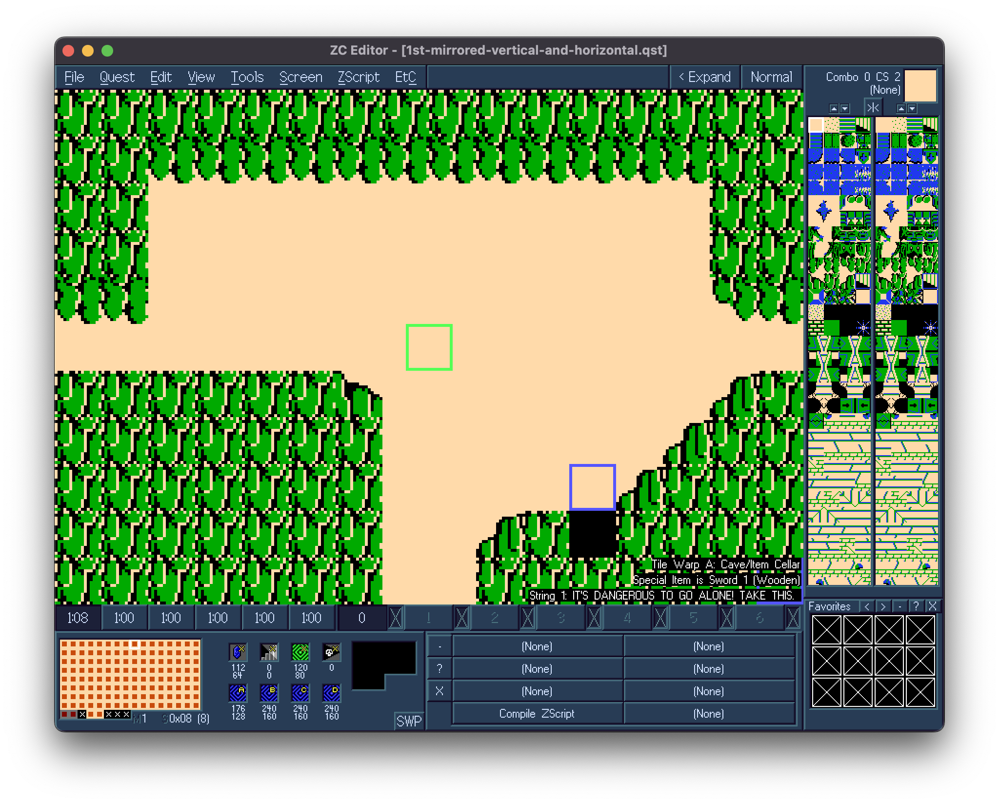 ZQuest editor opened to the starting screen of the original Zelda (but mirrored!)